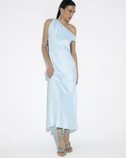 Blue Satin One Shoulder Maxi Dress