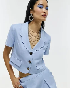 Blue Scallop Trim Linen Blend Cropped Jacket
