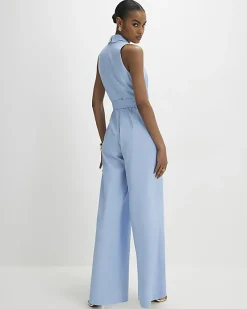 Blue Scallop Trim Linen Blend Jumpsuit
