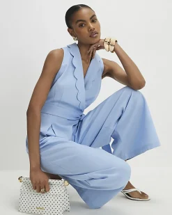Blue Scallop Trim Linen Blend Jumpsuit