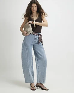 Blue Scarf Detail Seamed Barrel Leg Jeans