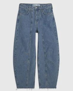 Blue Seamed Raw Hem Barrel Leg Jeans