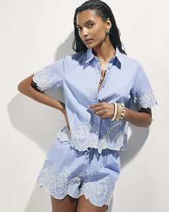 Blue Shell Embroidered Hem Shirt