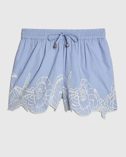 Blue Shell Embroidered Hem Shorts