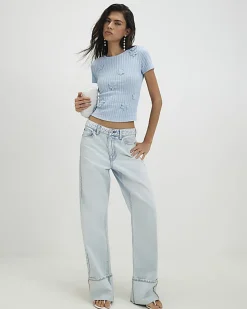 Blue Short Sleeve 3D Flower Trim Top