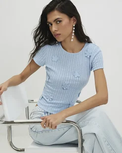 Blue Short Sleeve 3D Flower Trim Top