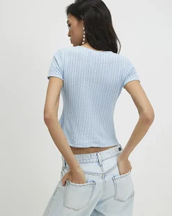 Blue Short Sleeve 3D Flower Trim Top