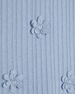 Blue Short Sleeve 3D Flower Trim Top