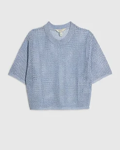 Blue Short Sleeve Knit Beach Top