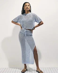 Blue Short Sleeve Knit Beach Top
