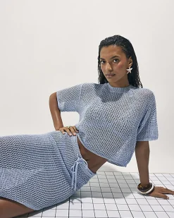 Blue Short Sleeve Knit Beach Top