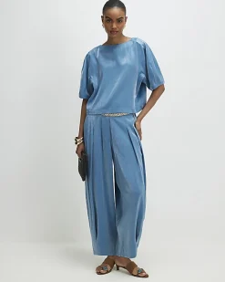 Blue Short Sleeve Shimmer Tailored Top
