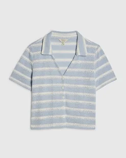 Blue Short Sleeve Striped crochet Shirt
