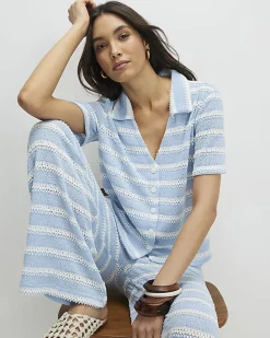 Blue Short Sleeve Striped crochet Shirt