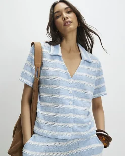 Blue Short Sleeve Striped crochet Shirt