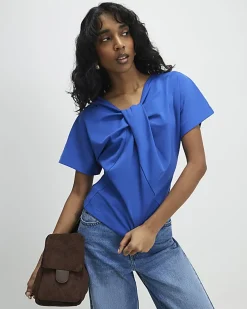 Blue Short Sleeve Twist Front Top
