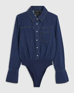 Blue Shoulder Pad Denim Bodysuit