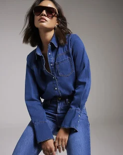 Blue Shoulder Pad Denim Bodysuit