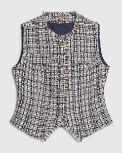 Blue Sleeveless Boucle Fringed Waistcoat