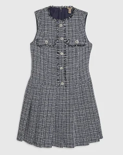 Blue Sleeveless Boucle Pleated Hem Mini Dress
