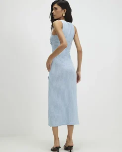 Blue Sleeveless 3D Flower Trim Midi Dress