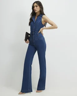 Blue Sleeveless Denim Jumpsuit
