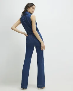 Blue Sleeveless Denim Jumpsuit