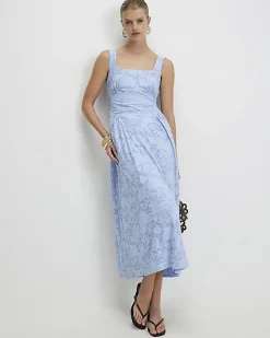 Blue Sleeveless Devore Burnout Midi Dress