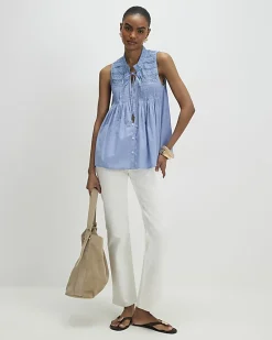 Blue Sleeveless Lace Yoke Front Blouse