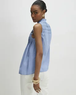 Blue Sleeveless Lace Yoke Front Blouse