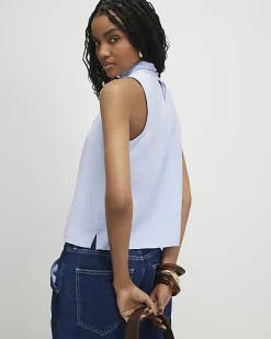 Blue Sleeveless Pussybow Blouse