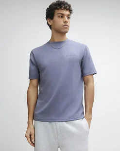 Blue Slim Fit Embroidered Crew Neck T-shirt