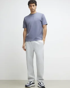 Blue Slim Fit Embroidered Crew Neck T-shirt