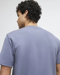 Blue Slim Fit Embroidered Crew Neck T-shirt