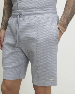 Blue Slim Fit Jacquard Textured Shorts