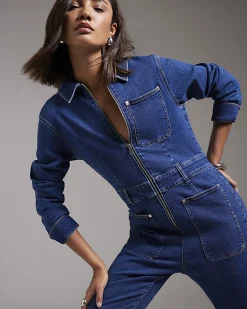 Blue Stretch Denim Straight Leg Jumpsuit