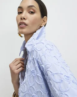 Blue Striped Flower Embroidery Polo Shirt