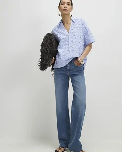 Blue Striped Flower Embroidery Polo Shirt