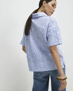 Blue Striped Flower Embroidery Polo Shirt