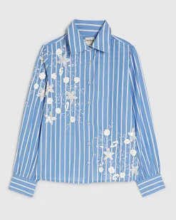 Blue Striped Long Sleeve Embellished Shirt
