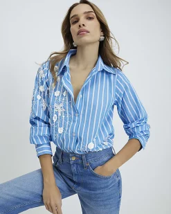 Blue Striped Long Sleeve Embellished Shirt