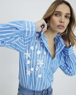Blue Striped Long Sleeve Embellished Shirt
