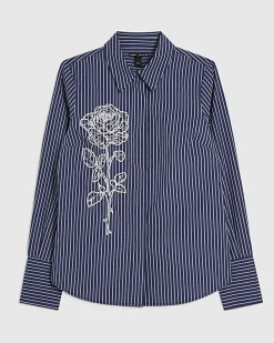 Blue Striped Long Sleeve Embroidered Shirt