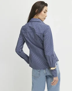 Blue Striped Long Sleeve Embroidered Shirt