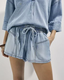 Blue Tie Waist Denim Shorts