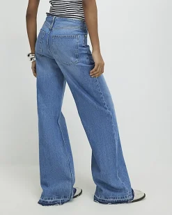Blue Turn Down Hem Wide Leg Jeans