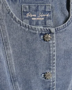 Blue Washed Bling Button Denim Top