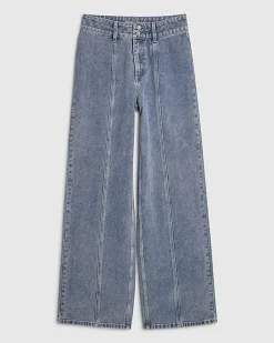 Blue Washed Bling Button Wide Leg Jeans