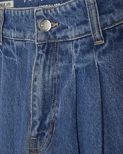 Blue Wide Leg Pleated Cargo Pocket Jeans