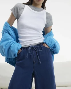 Blue Wide Leg Pyjama Style Drawstring Jeans